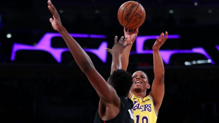 Scott Machado, armador americano-brasileiro em ação pelos Lakers, em março de 2019
