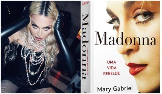 Montagem mostra Madonna com as mãos na cabeça e capa de nova biografia
