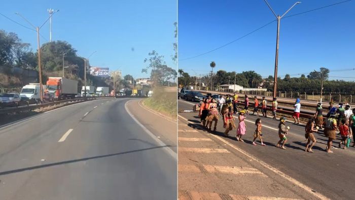 A manifestação de indígenas que fecha totalmente a BR-381, no sentido Belo Horizonte, já dura quase 7 horas. A manifestação de indígenas que fecha totalmente a BR-381, no sentido Belo Horizonte, já dura quase 7 horas.