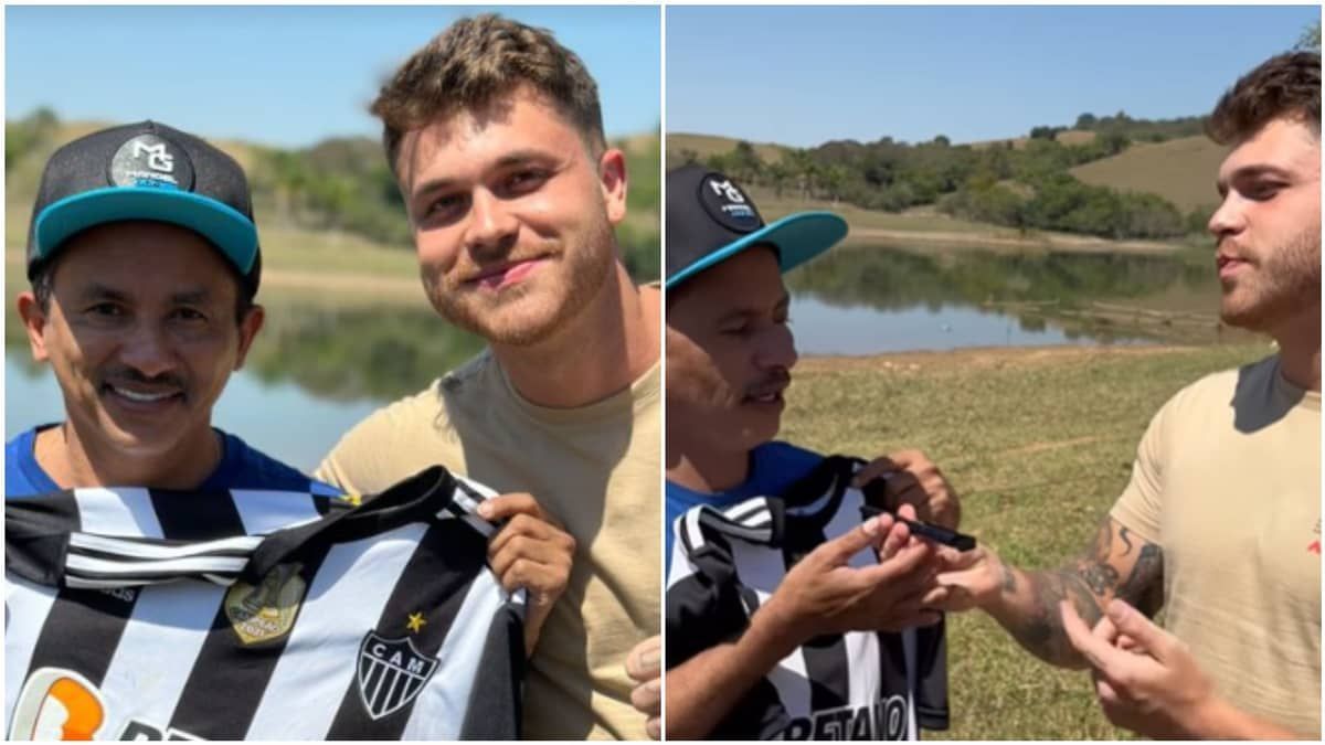 Em visita a BH, Manoel Gomes é presenteado com camisa do Atlético e caneta preta: 'Aqui é Galo'