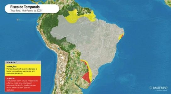 Mapa mostra regiões que podem ser atingidas por temporais