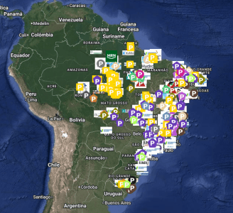 Imagem do mapa da américa do sul, com foco no Brasil, com pontos que mostram áreas de mineração