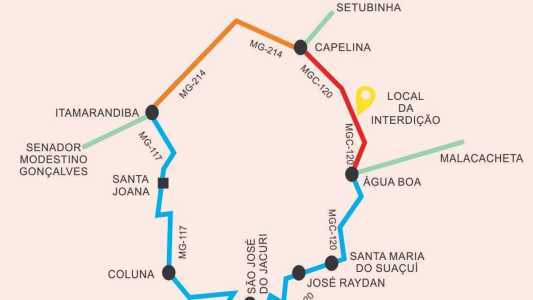 Mapa mostra trecho que está interditado no interior de Minas