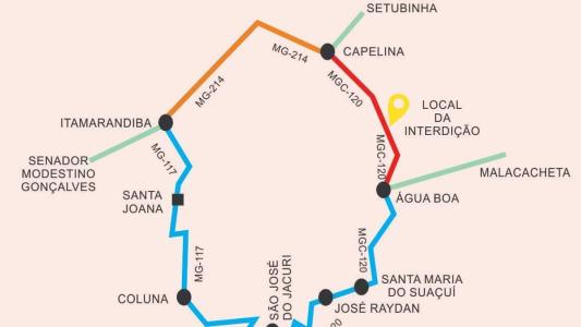 Mapa mostra trecho que está interditado no interior de Minas