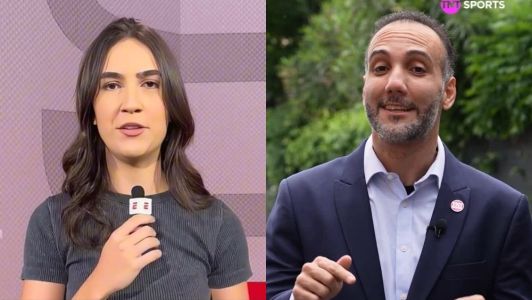 Mariana Spinelli e Jorge Iggor, jornalistas, em ação por ESPN e TNT Sports