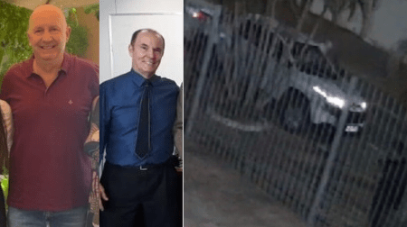 Foto mostra o advogado Roberto Zampieri, o suspeito Etevaldo Luiz Caçadini de Vargas e uma imagem do flagrante do crime
