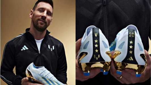 Messi com as novas chuteiras, feitas pela Adidas