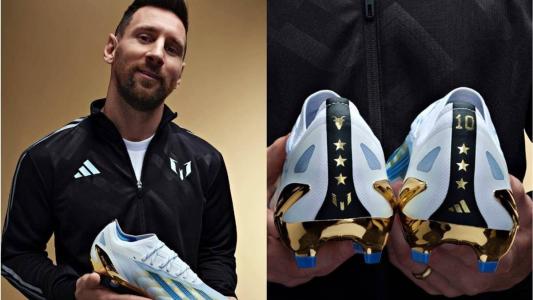 Messi com as novas chuteiras, feitas pela Adidas