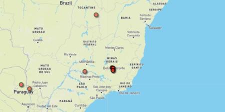 Mapa dos últimos eventos naturais registrados com magnitudes maiores ou iguais a 2.0 pelo Observatório Sismológico (SIS) da UnB