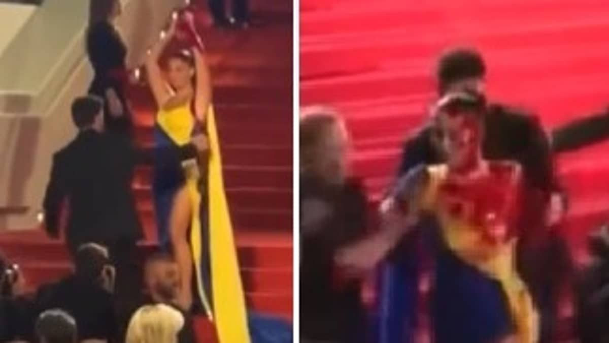 Modelo ucraniana desfila 'ensanguentada' em Cannes antes de exibição de filme russo; vídeo