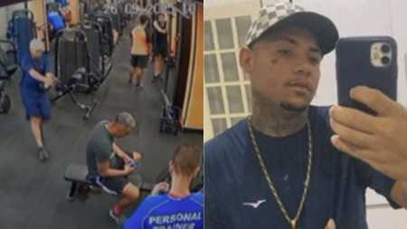 À esquerda, imagem mostra homem atirando contra homem na academia; À direita, Jhony Horta Pereira, de 23 anos,