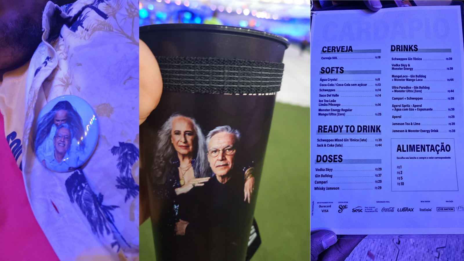 Show de Caetano e Bethânia em BH tem venda de copos, bottons, comidas e bebidas, veja preços