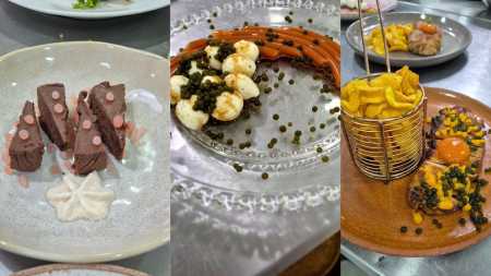 Marquise de Chocolate com caviar de morango e espuma de especiarias / Esse é um spaghetti de tomate, com mussarela de búfala e caviar de manjericão / Frango com esfera de pimentão