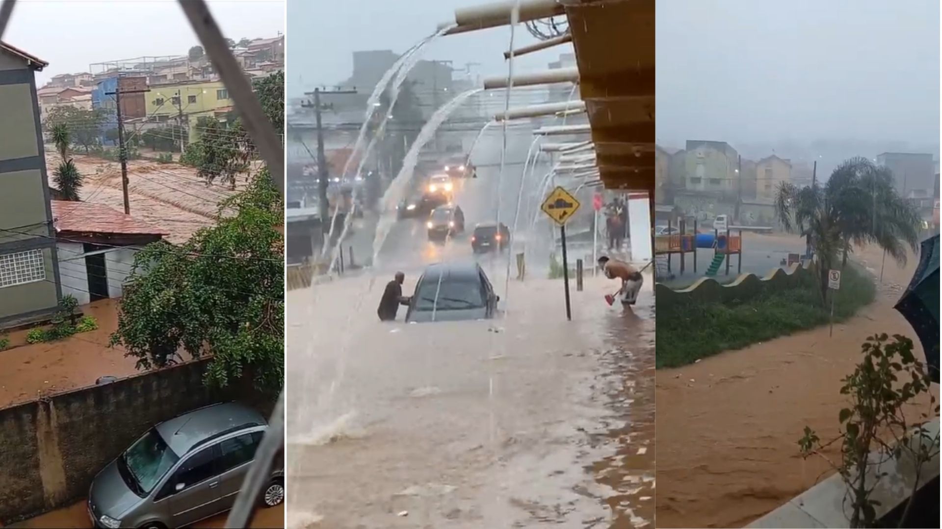 Temporal provoca alagamento, fortes enxurradas e deixa pessoas presas no carro em Santa Luzia, na Grande BH