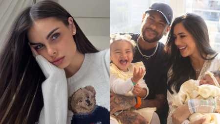 Amanda Kimberlly (Esquerda), Neymar, Bruna Biancardi e filhas (Direita)