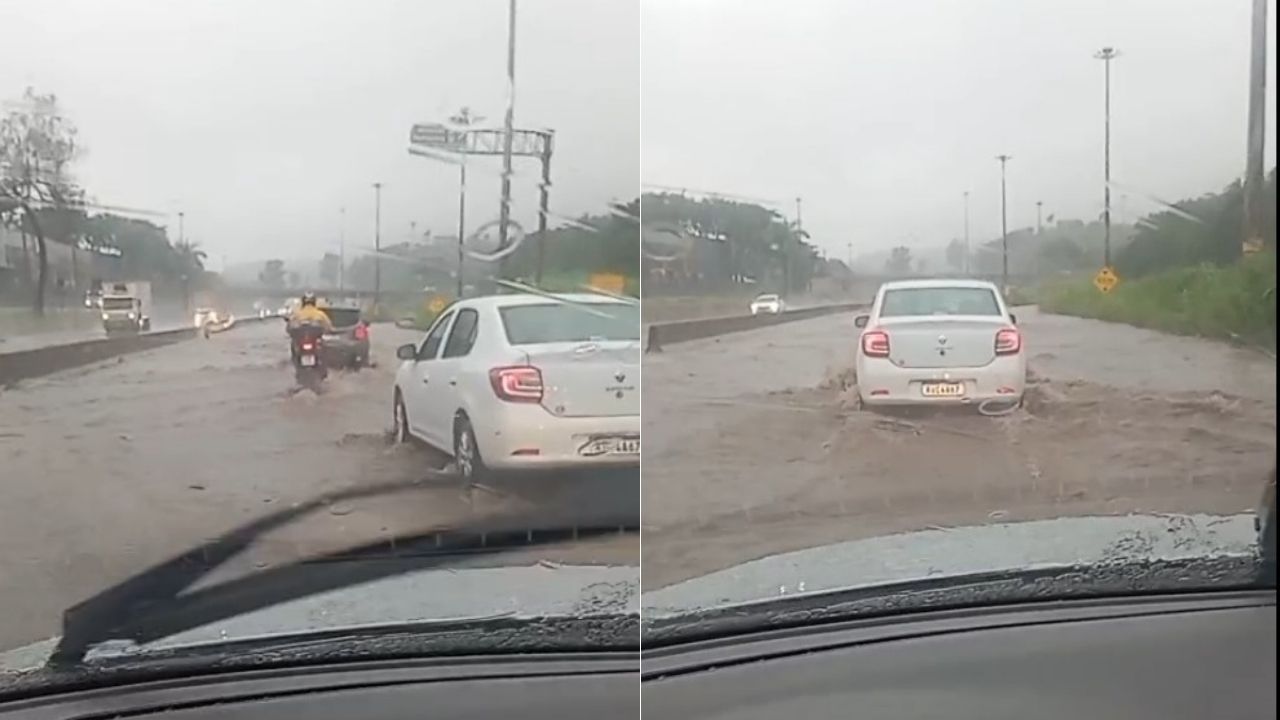 Pista do Anel Rodoviário alagada é interditada após forte chuva em BH