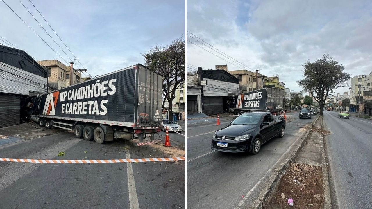 Carreta faz manobra proibida, bate em galpão e trava a Av. Amazonas, em BH