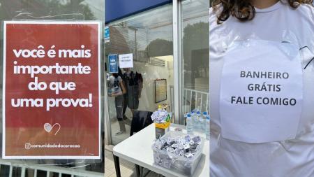 Membros da igreja colocaram mensagens motivacionais, distribuíram água e ofereceram banheiro grátis