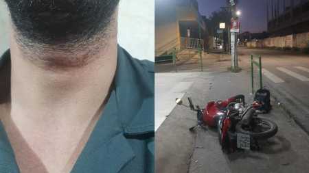 Motociclista foi socorrido por funcionários de uma padaria em frente ao local do acidente