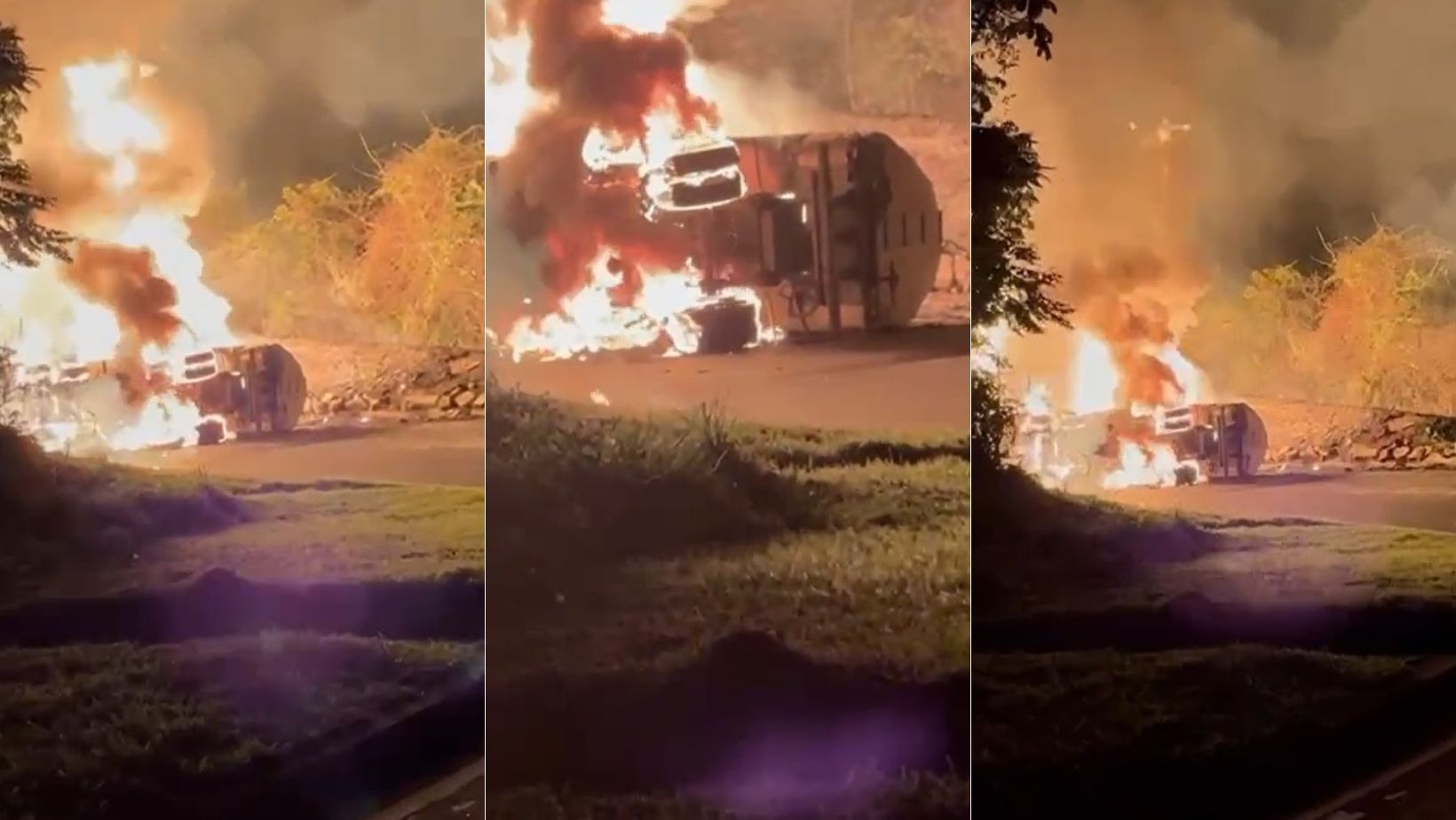 Motorista fica em estado grave após caminhão-tanque tombar e incendiar serra no RJ; vídeo