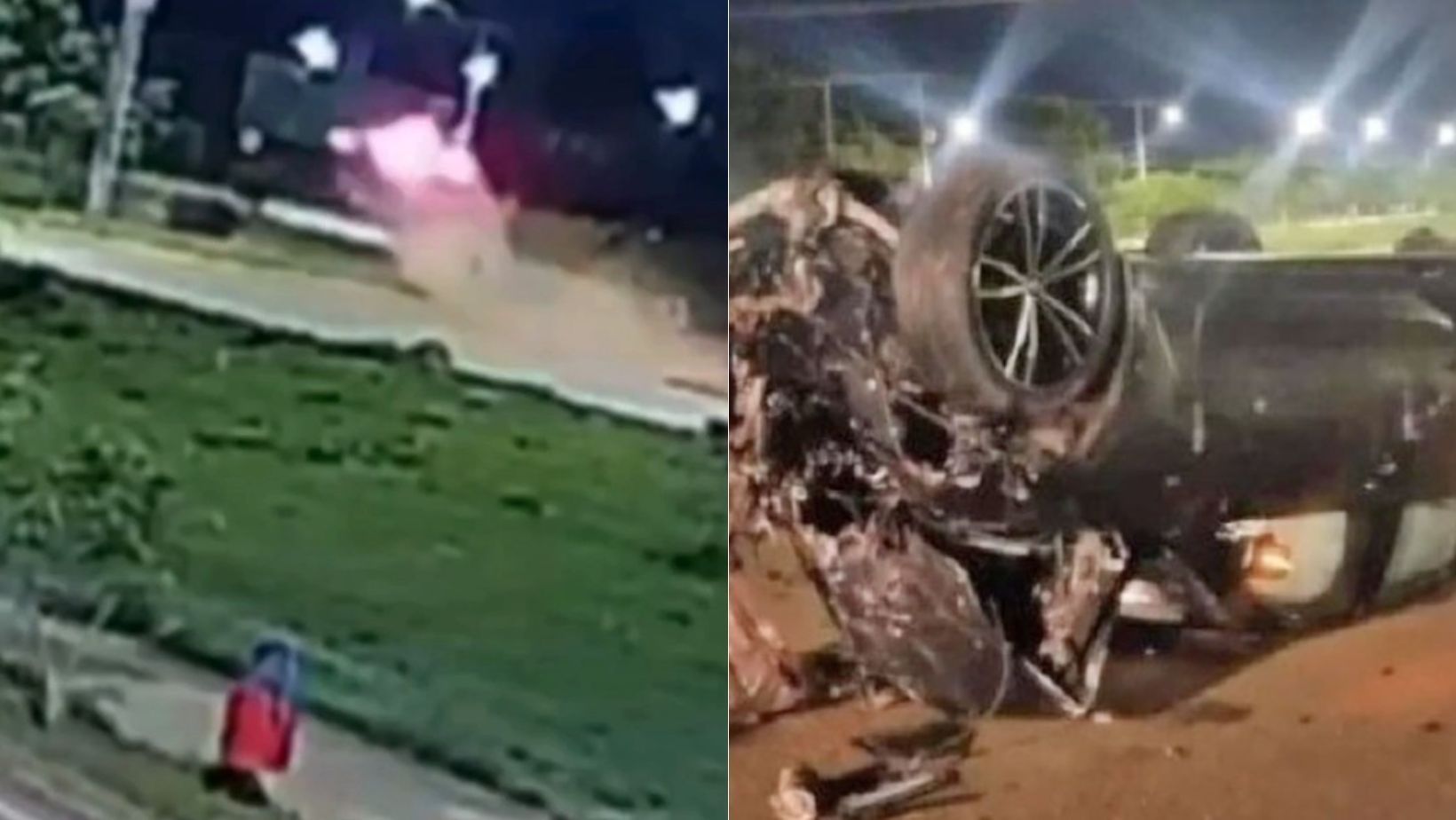 Motorista não percebe rotatória, sobe em canteiro e carro de luxo aparece 'voando'; vídeo