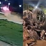 Motorista não percebe rotatória, sobe em canteiro e carro de luxo aparece 'voando'; vídeo