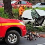 Motorista perde o controle de carro e colide em árvore