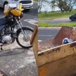 Vídeo: motorista se distrai com sacola e vai parar dentro de caçamba no interior de Minas 