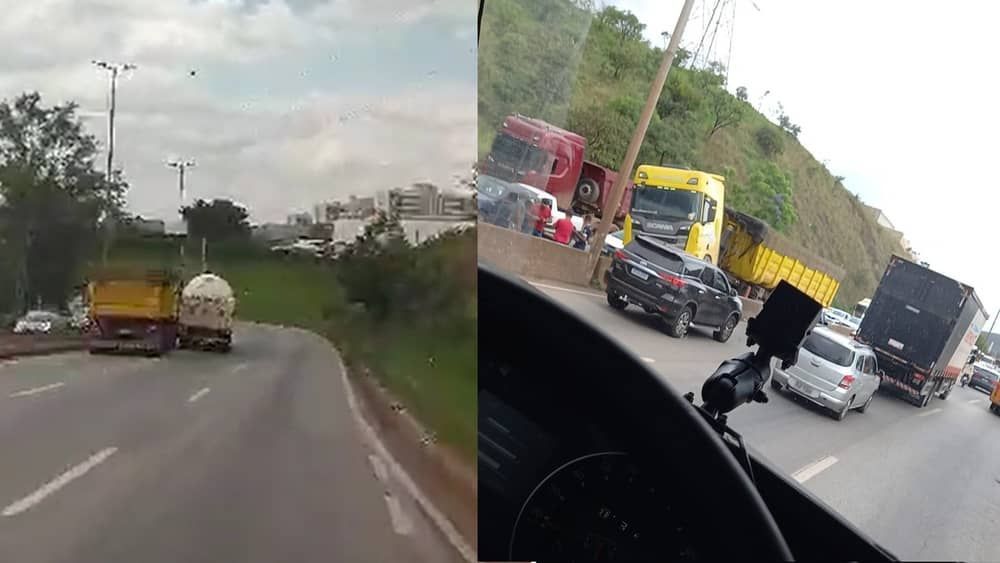 Vídeo: briga de trânsito entre caminhoneiros termina em acidente no Anel Rodoviário de BH