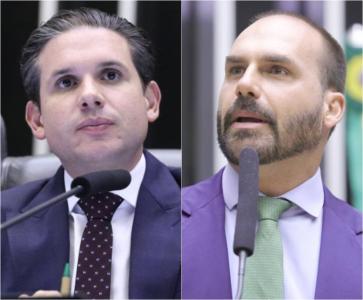 O presidente da Câmara, Hugo Motta (esq.), e o deputado Eduardo Bolsonaro (dir.)