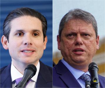 O presidente da Câmara dos Deputados, Hugo Motta (esq.), e o governador de São Paulo, Tarcisio de Freitas (dir.)