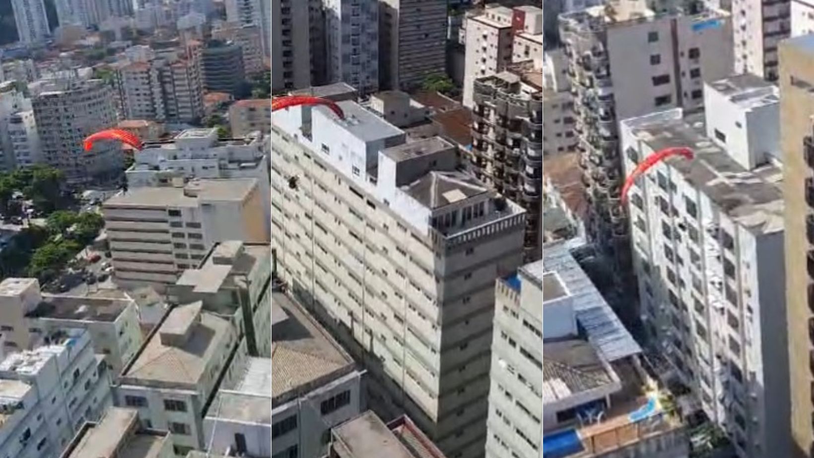 Mulher cai de parapente e sobrevive ao atingir janela de prédio no litoral de SP; vídeo