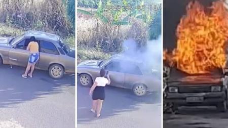 Mulher foi flagrada queimando carro do marido