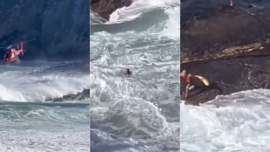 Segundo a corporação, a mulher, que estava acompanhada do filho, subiu na Pedra do Pampo quando foi surpreendida por uma onda forte.