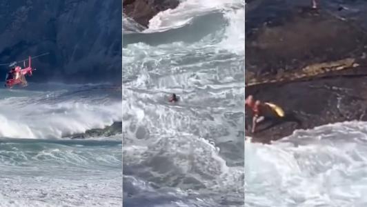 Segundo a corporação, a mulher, que estava acompanhada do filho, subiu na Pedra do Pampo quando foi surpreendida por uma onda forte.