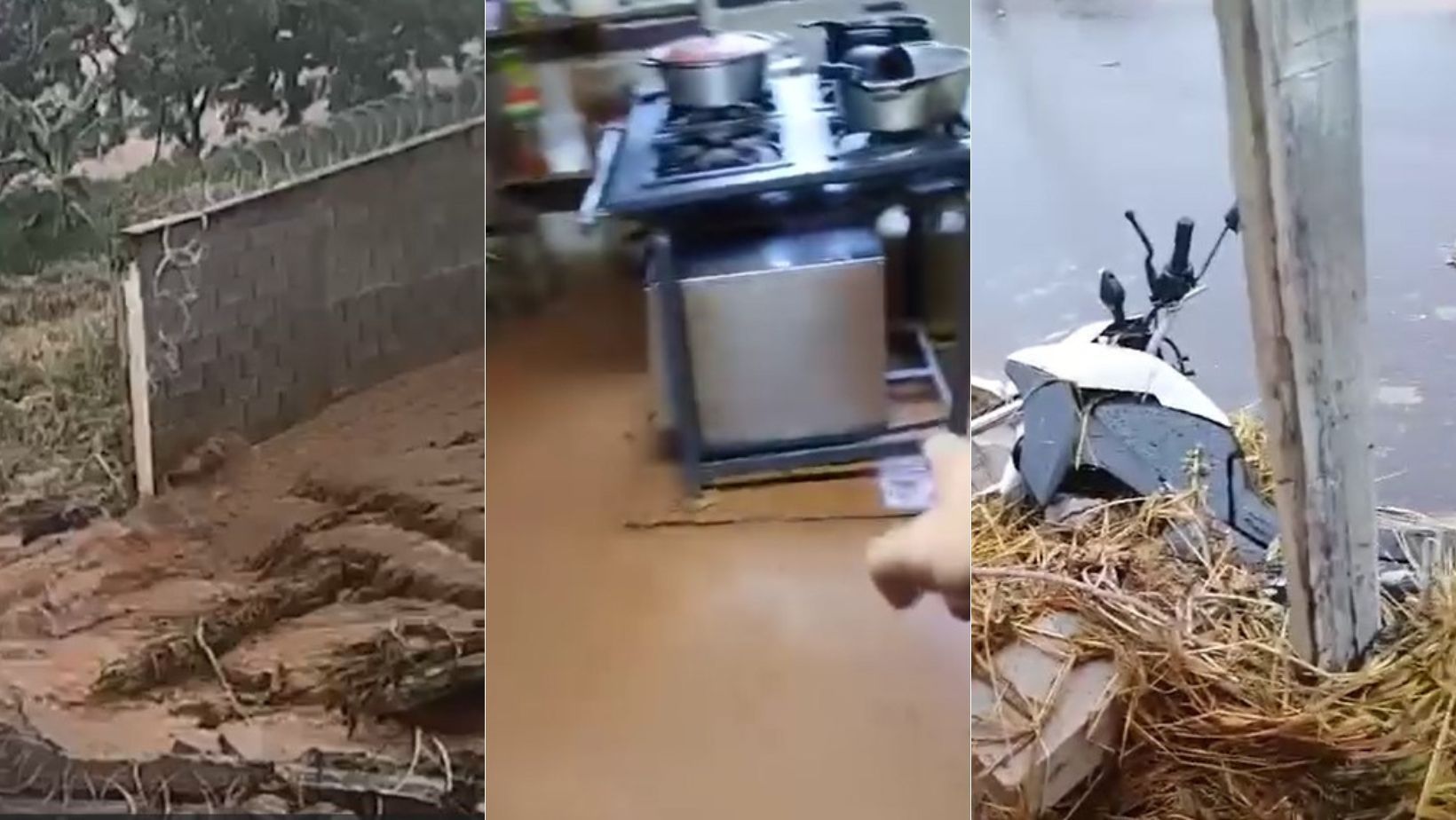 Vídeo: enxurrada derruba muro de escola, invade casas e arrasta moto na Grande BH