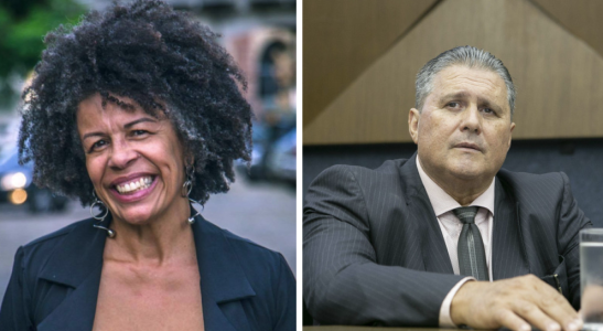 Montagem sobre as fotos de Professora Nara e Wagner Messias, o Preto
