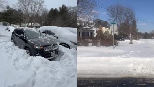 Carro com problemas de sair da vaga em um estacionamento em Bellingham Massachusetts / Uma das ruas de Bethesda, cidade vizinha a Washington