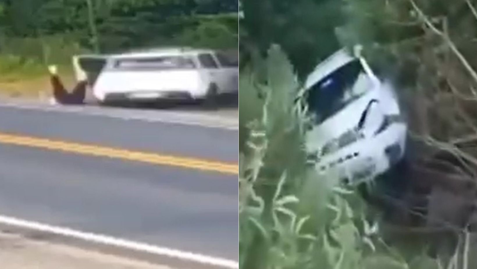 Vídeo: passageiro pula de carro em movimento, motorista faz manobra e veículo cai em ribanceira