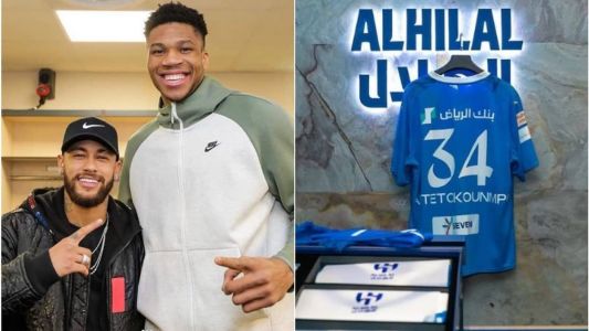 Neymar e Antetokounmpo, com camisa de 'boas-vindas' do Al-Hilal publicada pelo clube saudita