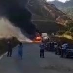 Caminhão carregado com tubos PVC pega fogo na BR-381