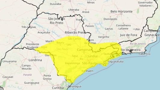 O alerta é divulgado pelo Inmet e vale até as 23 horas de hoje