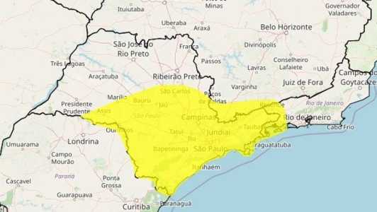 O alerta é divulgado pelo Inmet e vale até as 23 horas de hoje