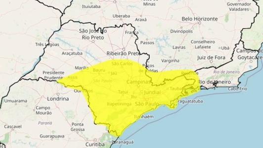 O alerta é divulgado pelo Inmet e vale até as 23 horas de hoje