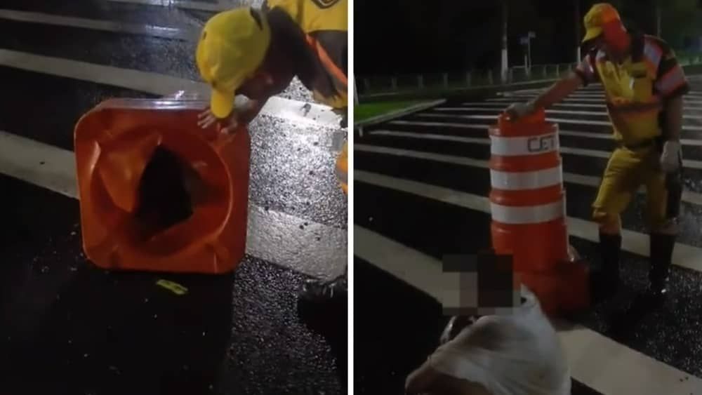 Homem fica entalado em cone e precisa ser resgatado em São Paulo; veja vídeo