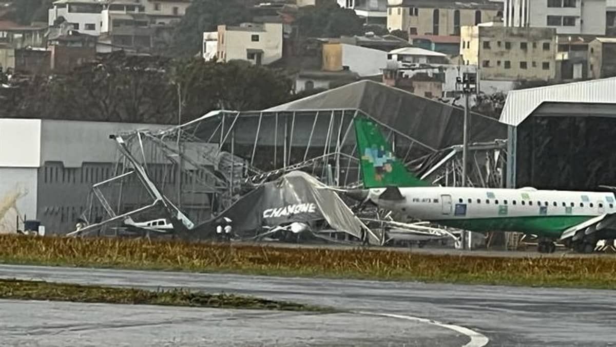 Hangar desaba com chuva forte no Aeroporto da Pampulha