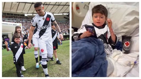 O pequeno Gui, torcedor do Vasco, entrando no gramado do Maracanã, e durante tratamento
