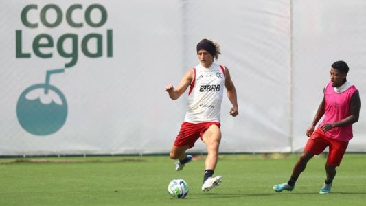 O zagueiro David Luiz em atividade no Ninho do Urubu, ao lado de Marinho