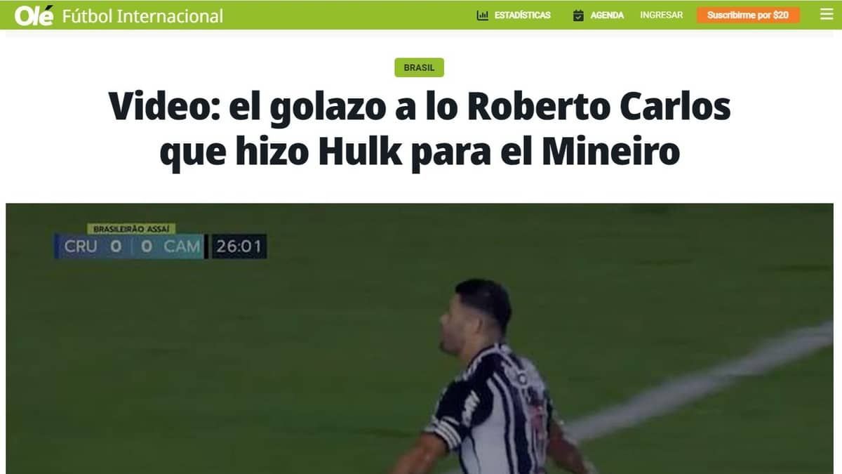 Cruzeiro x Atlético: jornal argentino compara Hulk a Roberto Carlos após gol