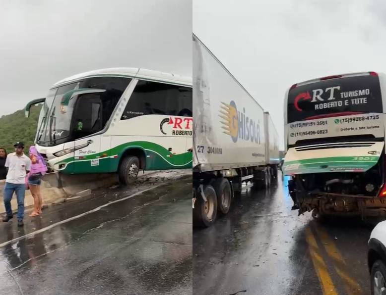 Batida entre carreta e ônibus interdita trânsito na BR-251, em Francisco Sá, no Norte de Minas